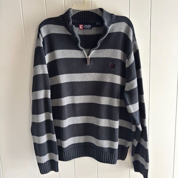 CHAPS Men's XXL Dk. Blue/Gray Collar Zip Pullover Striped Heavyweight Sweater #B - Picture 2 of 6